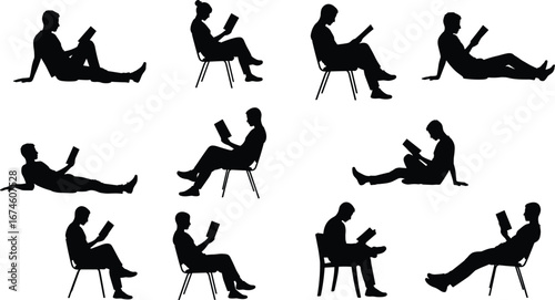 Reading silhouette set, seated and ground poses, black vector, relaxed posture, study, education, lifestyle, learning, behavior, comfort
