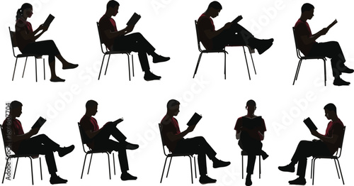Reading silhouette set, seated book poses, red shirt black pants, study posture, education, lifestyle, learning, relax, vector, behavior