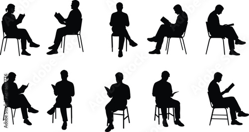 Reading silhouette set, seated book poses, black vector, study posture, education, concentration, lifestyle, learning, relaxation, intellectual momen
