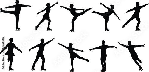 Figure skating silhouette set, ice performance poses, graceful motion, athletic balance, black vector, winter sport, spin, jump, glide, elegance