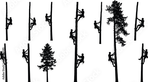 Tree climbing silhouette set, arborist gear, rope ascent, nature interaction, safety equipment, black vector, forest activity, motion, climb, trees