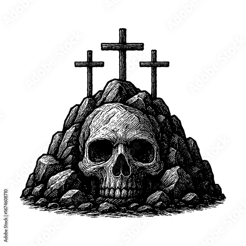 Three crosses on Mount Golgotha, a skull-shaped place of execution.