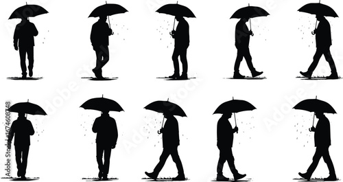 Umbrella silhouette set, rainy day poses, black vector illustration, walking, standing, weather protection, mood, lifestyle, fashion, droplets