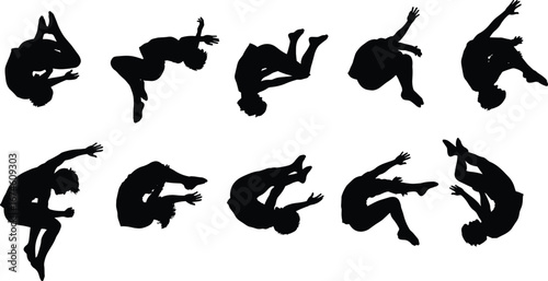 Man Performing Acrobatic Flips Silhouettes, Gymnastics, Parkour, Free Running, Athletic Movements, Jumping, Somersaults, Acrobatics Sequence, Extreme Sports, Action Poses