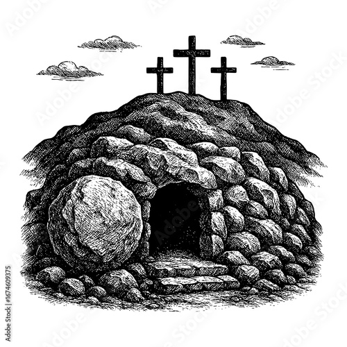Easter, the resurrection of Jesus and the empty tomb of Christ with the stone rolled away.