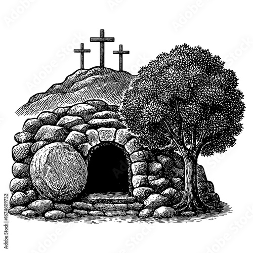 Easter, the resurrection of Jesus and the empty tomb of Christ with the stone rolled away.
