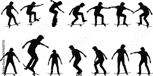 Skateboarder Silhouettes Performing Tricks, Dynamic Skateboarding Moves, Action Sequence, Extreme Sports, Youth Skateboard Stunt Frames