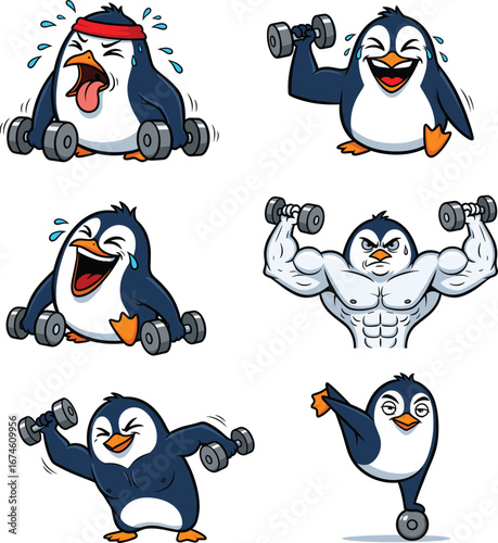 Cartoon penguins doing weightlifting, funny gym workout animals, muscular penguin characters, fitness training illustration, cute strong penguins