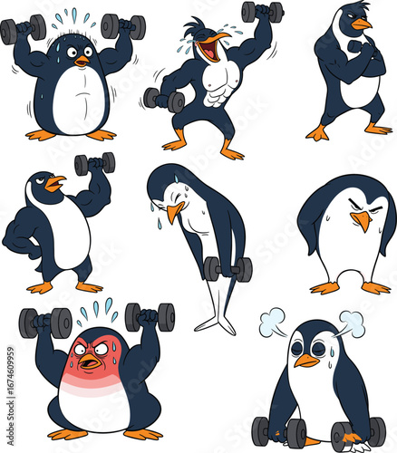 Cartoon penguins lifting dumbbells, muscular penguin characters, funny gym workout animals, fitness training illustration