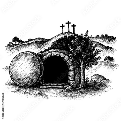 Easter, the resurrection of Jesus and the empty tomb of Christ with the stone rolled away.