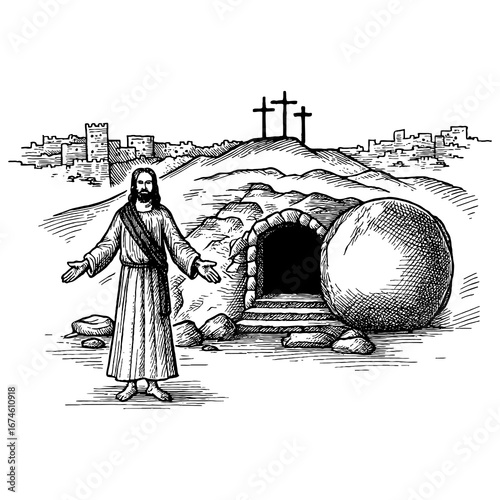 Easter, the resurrection of Jesus and the empty tomb of Christ with the stone rolled away.
