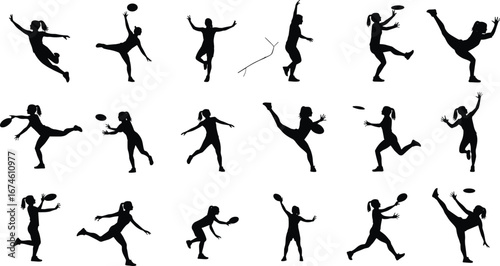 Silhouettes of Women Playing Frisbee in Various Action Poses, Outdoor Sports, Athletic Movement, Dynamic Recreation, and Active Lifestyle