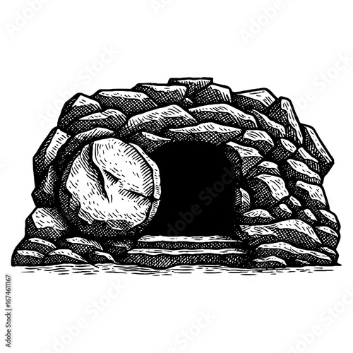 Easter, the resurrection of Jesus and the empty tomb of Christ with the stone rolled away.