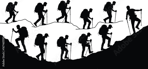 Silhouettes of Hikers Ascending Mountain Ridge with Backpacks and Walking Poles, Outdoor Adventure Trekking and Nature Exploration