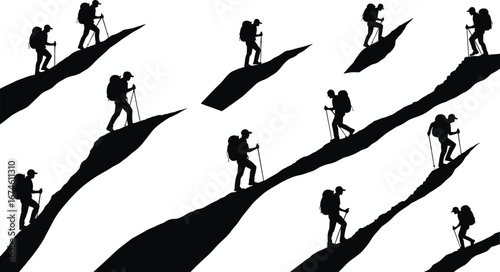 Silhouettes of Hikers Climbing Steep Mountain Slopes with Backpacks and Walking Poles, Outdoor Adventure and Nature Trekking
