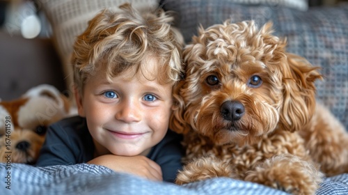 Young boy with curly hair and friendly dog relaxing together on cozy couch with soft blankets