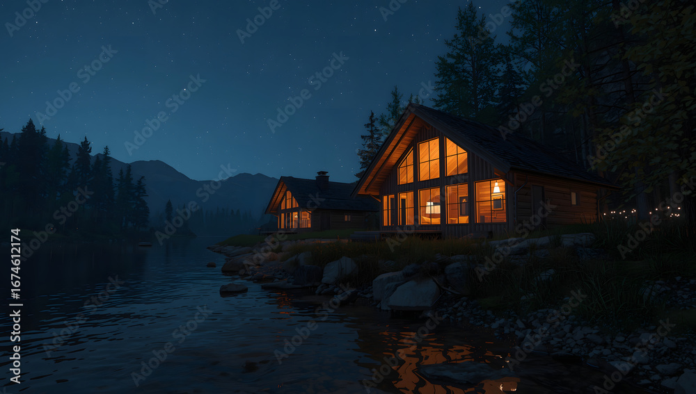 Fototapeta premium Two cozy cabins illuminated at night, nestled by a tranquil lake, surrounded by trees.