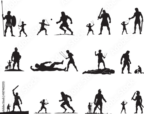 David and Goliath Silhouettes Collection – Biblical Battle, Warrior Fight Vector Illustration Set