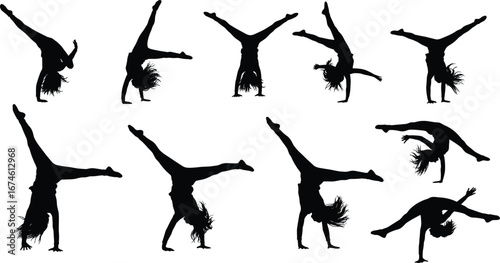 Silhouettes of Women Performing Handstands and Cartwheels, Female Gymnastics Poses in Motion, Vector Collection for Dance, Sport, and Fitness