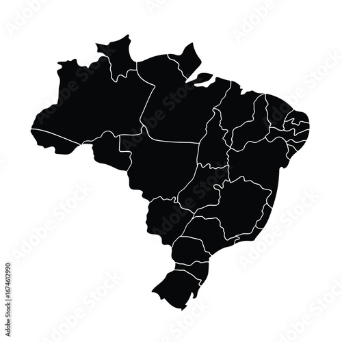 Black silhouette map of Brazil with state borders.Vector illustration.