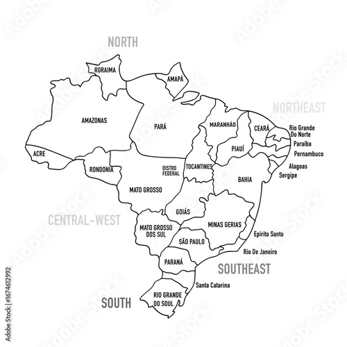 Simplified black and white outline map of Brazil with states and regions. Vector illustration.