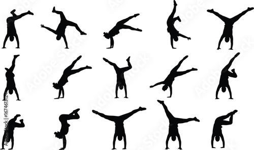 Silhouettes of People Doing Handstands and Acrobatics, Gymnastics Poses and Balance Skills, Vector Collection for Fitness, Sport, or Dance