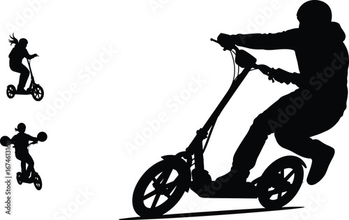 Silhouette of People Riding Electric Tricycles and Scooters, Fun Outdoor Activity, Urban Commute or Leisure, Vector Illustration on White