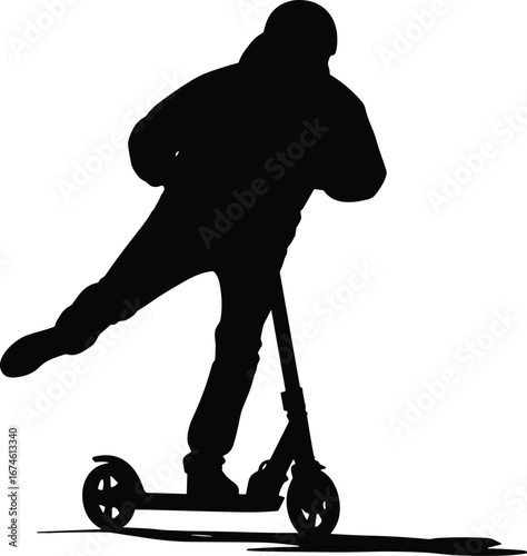 Silhouette of Person Riding Kick Scooter in Motion, Urban Commuter or Child Activity, Vector Illustration on White Background