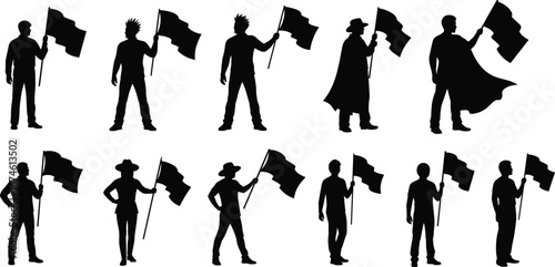 Silhouette People Holding Flags in Different Outfits, Group of Protesters, Activists, or Celebrators, Vector Illustration on White Background