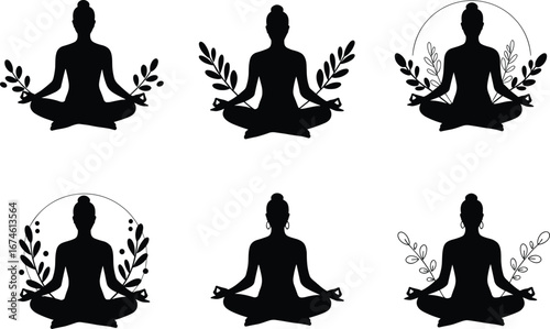 Meditating woman silhouettes with lotus pose, leaves, and earrings – yoga mindfulness and relaxation vector icons – wellness design
