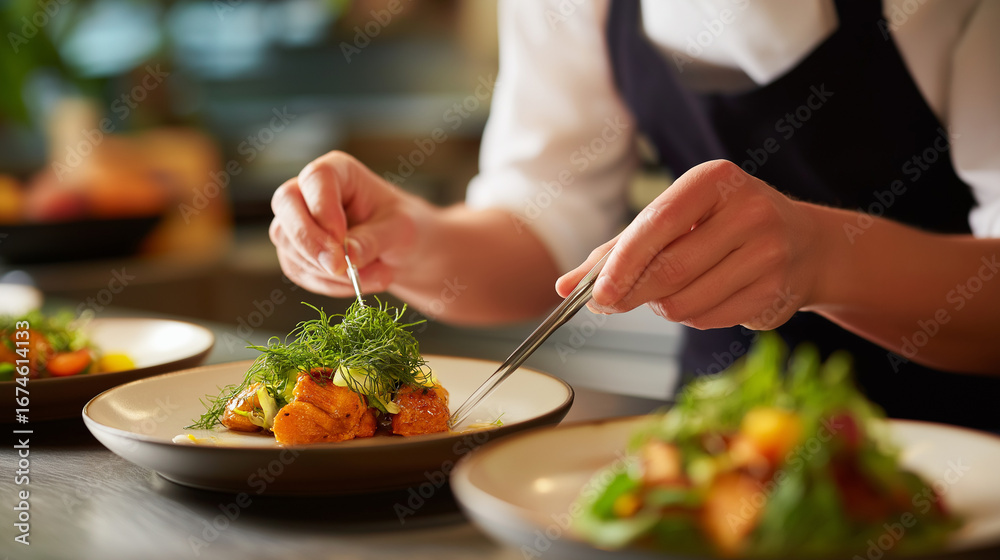 Naklejka premium Food stylist arranging dishes for photography with tweezers and brushes creating picture perfect presentations for cookbook and advertising shoots in professional studio kitchen
