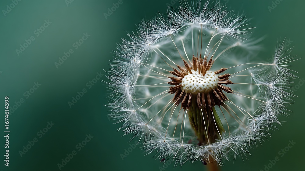 Fototapeta premium Closeup of Dandelion Seed Head with White and Brown Details Against Green Background.