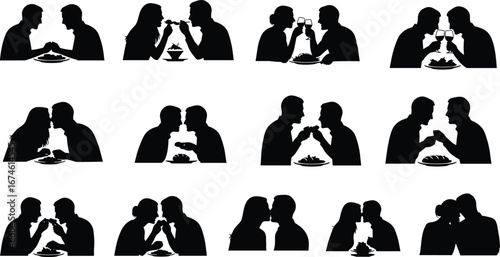 Romantic couple silhouettes enjoying intimate moments, dining, toasting wine glasses, sharing food, and kissing in black and white vector style