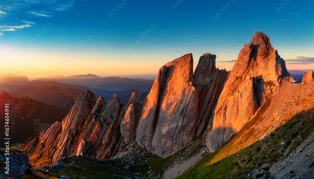 Obraz premium sunlit rock formations in a scenic mountain landscape at sunset or sunrise