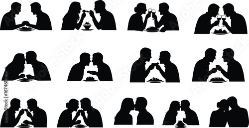 Silhouettes of couples sharing romantic dinners, feeding each other, toasting, kissing, and enjoying intimate moments of love and connection