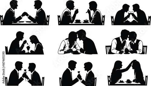 Silhouettes of diverse couples enjoying romantic dinners, sharing food, drinks, affectionate moments, love, intimacy, connection, communication, relationship, date night