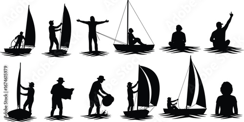 Silhouettes of people sailing, boating, navigating, relaxing on water, handling 