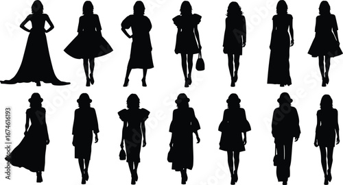Women fashion silhouettes walking, stylish dresses and coats, handbags, high heels, runway models, black vector illustrations, elegant poses