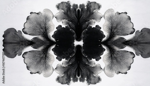 abstract symmetrical ink blot composition with mirrored organic shapes creating a rorschach test like design