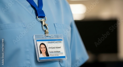 Closeup of a Medical Professional Id Badge on Light Blue Scrubs in a Clinic Setting