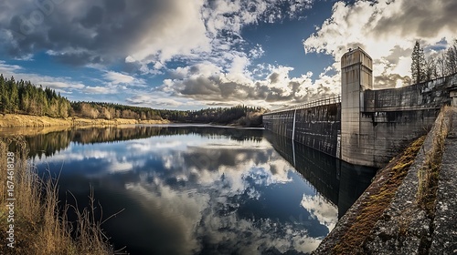 Scenic landscape of a dam reservoir with reflections and cloudy sky for travel and nature enthusiasts