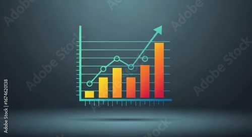 Colorful Glowing Business Growth Chart with Upward Arrow on Dark Background