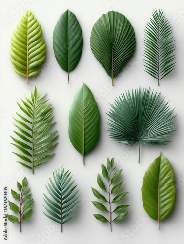 Variety of Green Tropical Leaves Displayed on a White Background