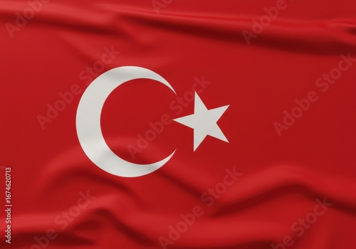 Waving red national flag of Turkey with white crescent moon and star symbol