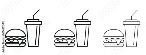 Hamburger soda icon in linear versions. Editable line