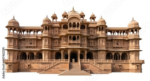 Ornate Indian Palace with Intricate Sandstone Architecture Isolated on White Background