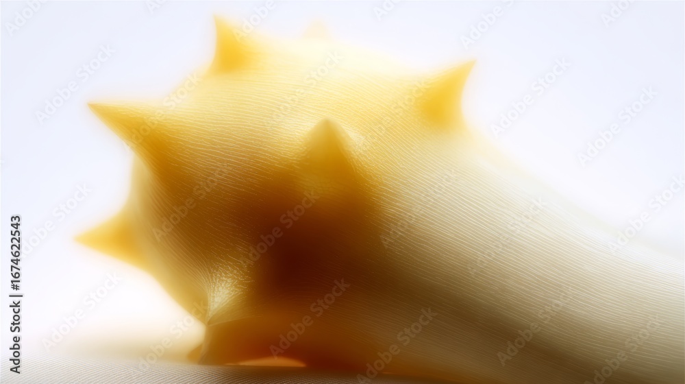 Obraz premium Unique close-up of a textured yellow object on a smooth surface highlighting its spiky features and curves