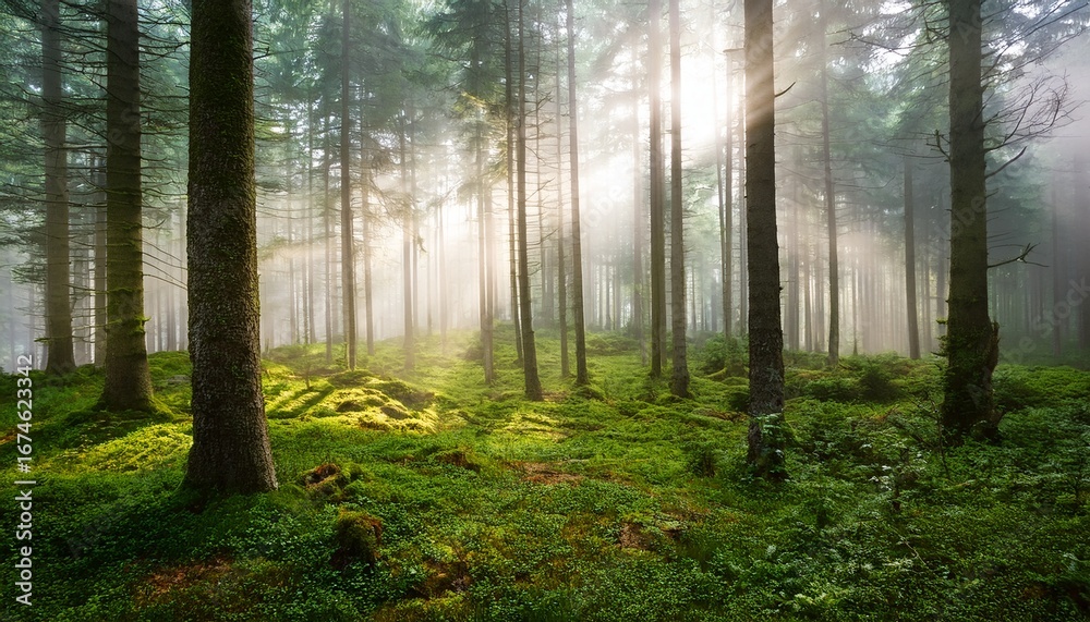 Obraz premium foggy forest sunlight filters through trees in a green dense natural scene