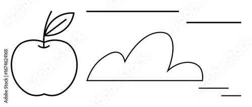 Apple with a leaf drawn in simple lines alongside a cloud and graphical horizontal lines. Ideal for nature, simplicity, minimalism, organic, weather, mindfulness, education. A simple flat metaphor