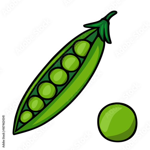A vibrant vector illustration of a single pea pod bursting with eight peas and a separate pea, showcasing a hand-drawn style with bold outlines and gradient shading in various shades of green.